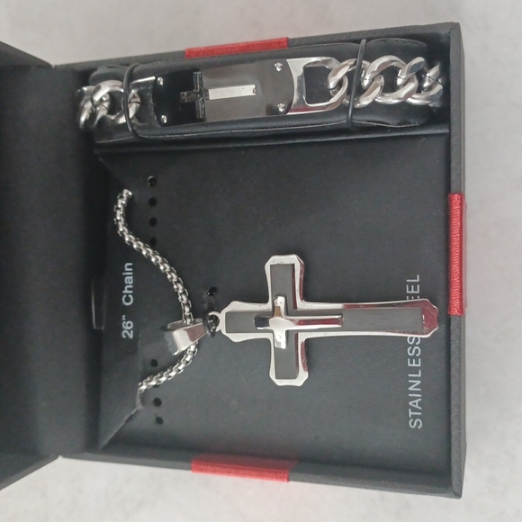 Mens Cross Jewelry Set Stainless Steel 